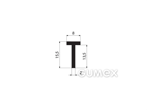 Gumový profil tvaru "T", 15,5x8/2mm, 70°ShA, EPDM, -40°C/+100°C, čierny